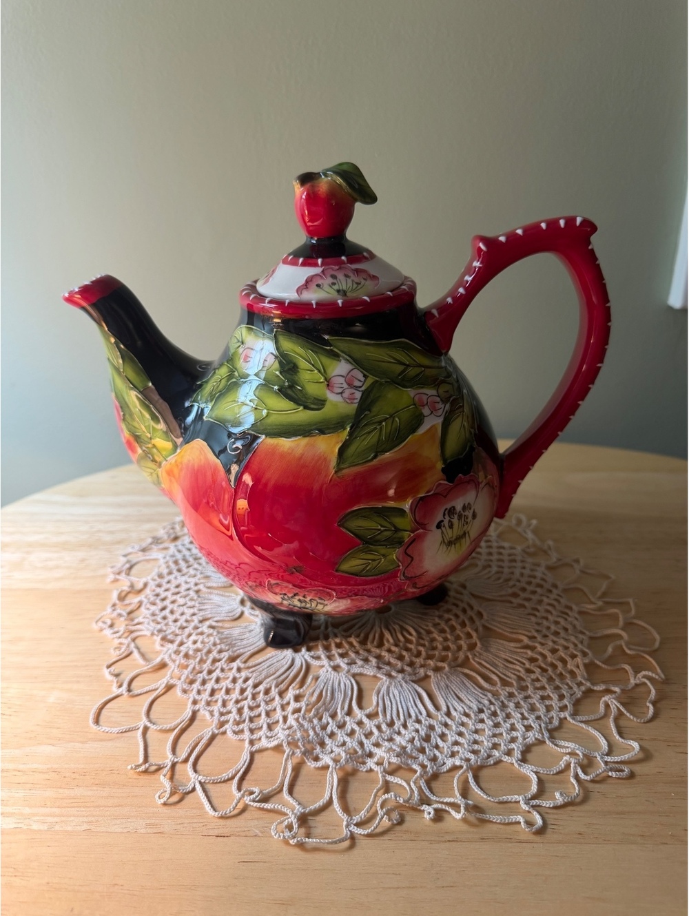 Blue Sky Clayworks Hand-Painted Ceramic Teapot with Fruit and Leaf Design